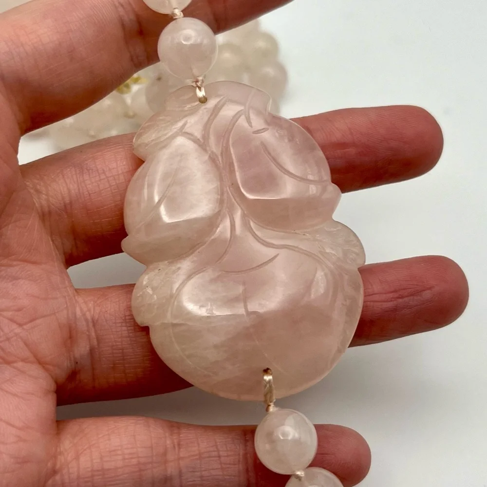Vintage Chinese Rose Quartz Hand Knotted Mala Lotus Necklace - Picture 5 of 8
